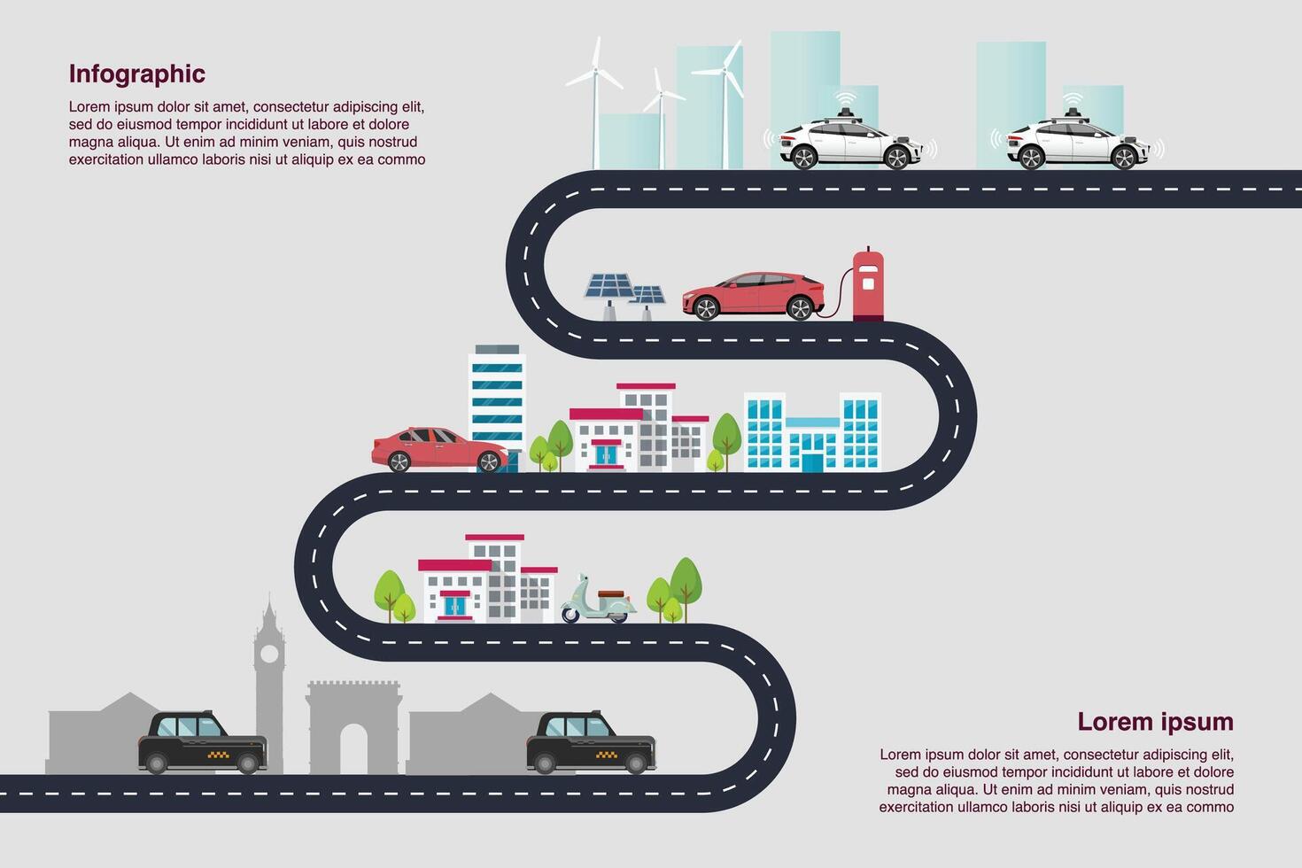 Infographic of cars and urban landscapes vector