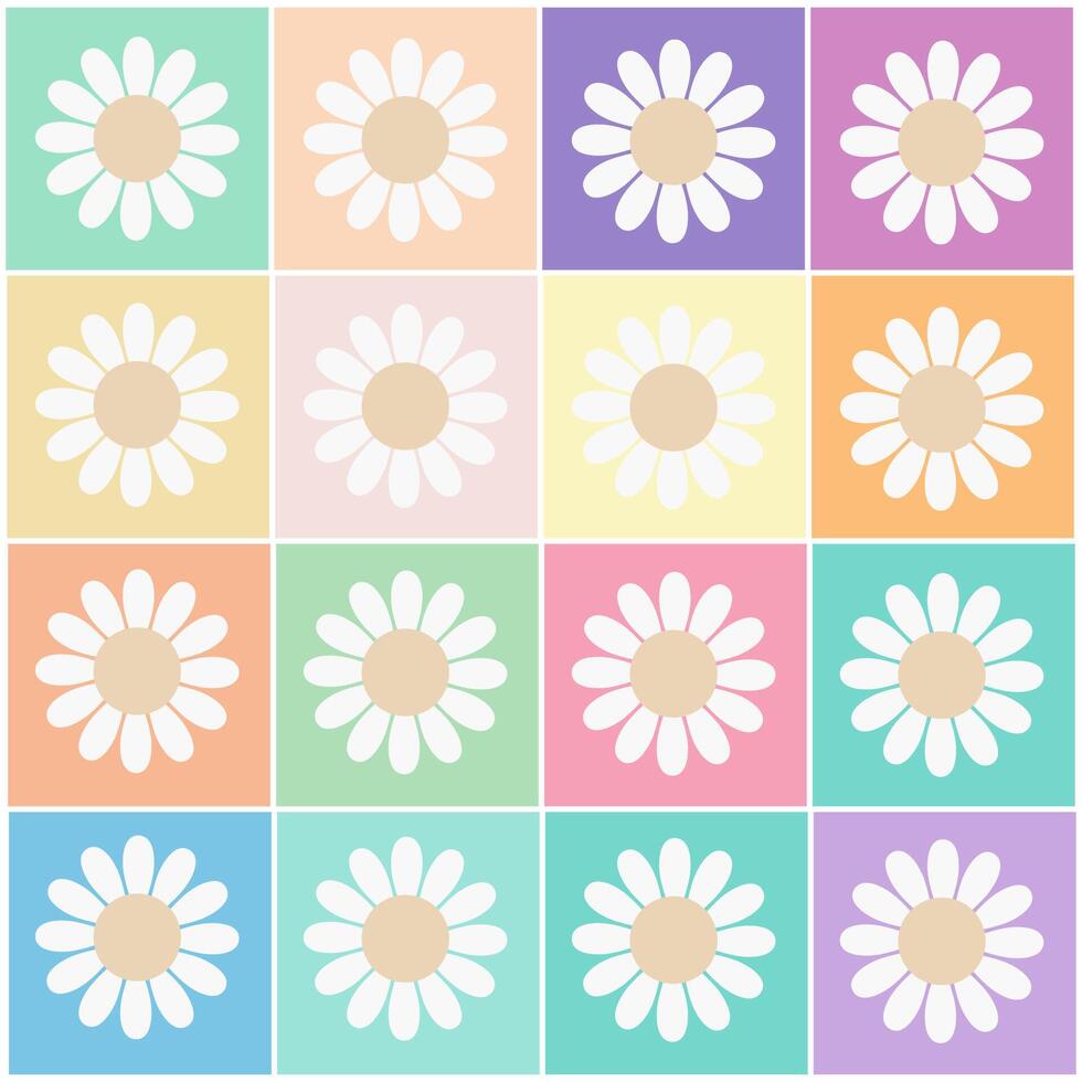Retro style pattern with simple daisy flowers in pastel colour grid vector