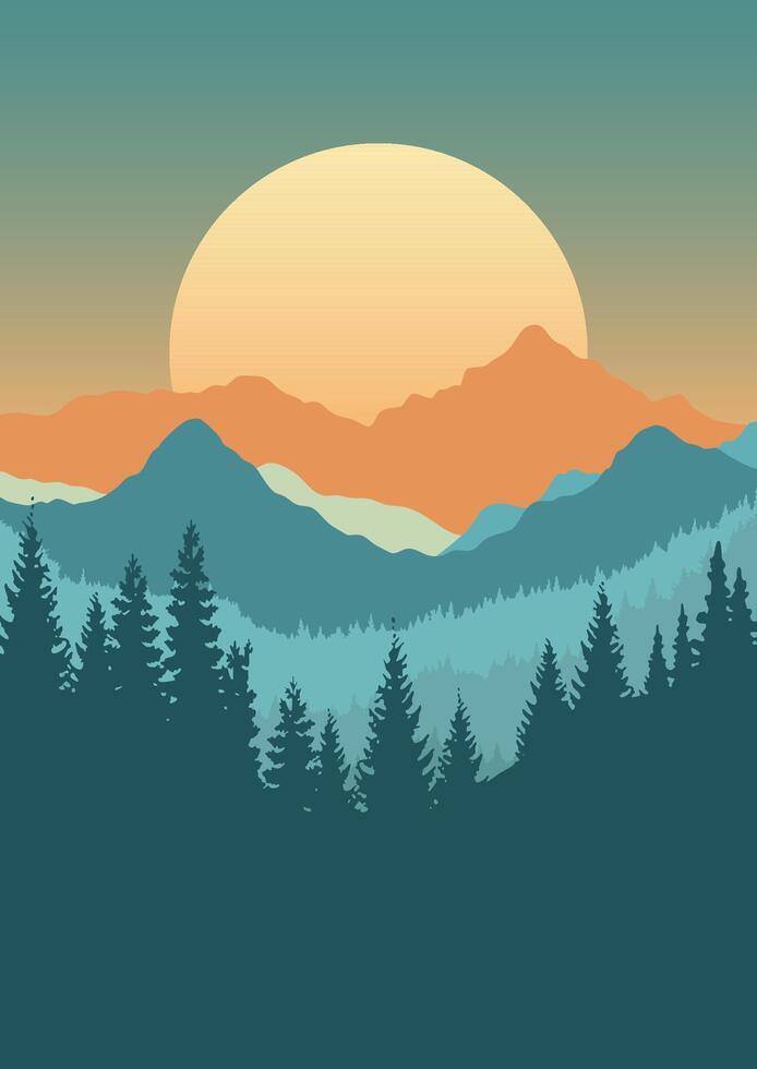 Mountain sunset illustration with pine trees vector