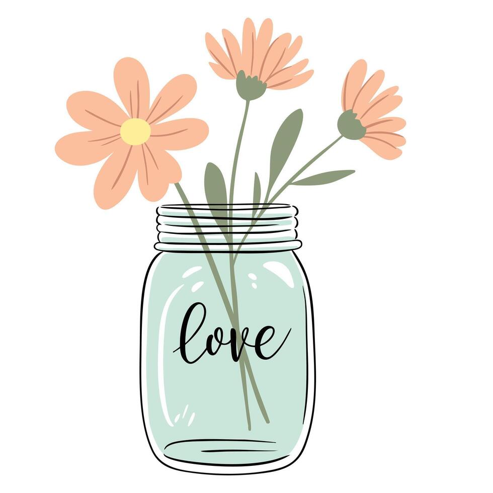 Glass jar with wildflowers. Pastel hand drawn sketch in marker style. Soft and romantic composition. vector