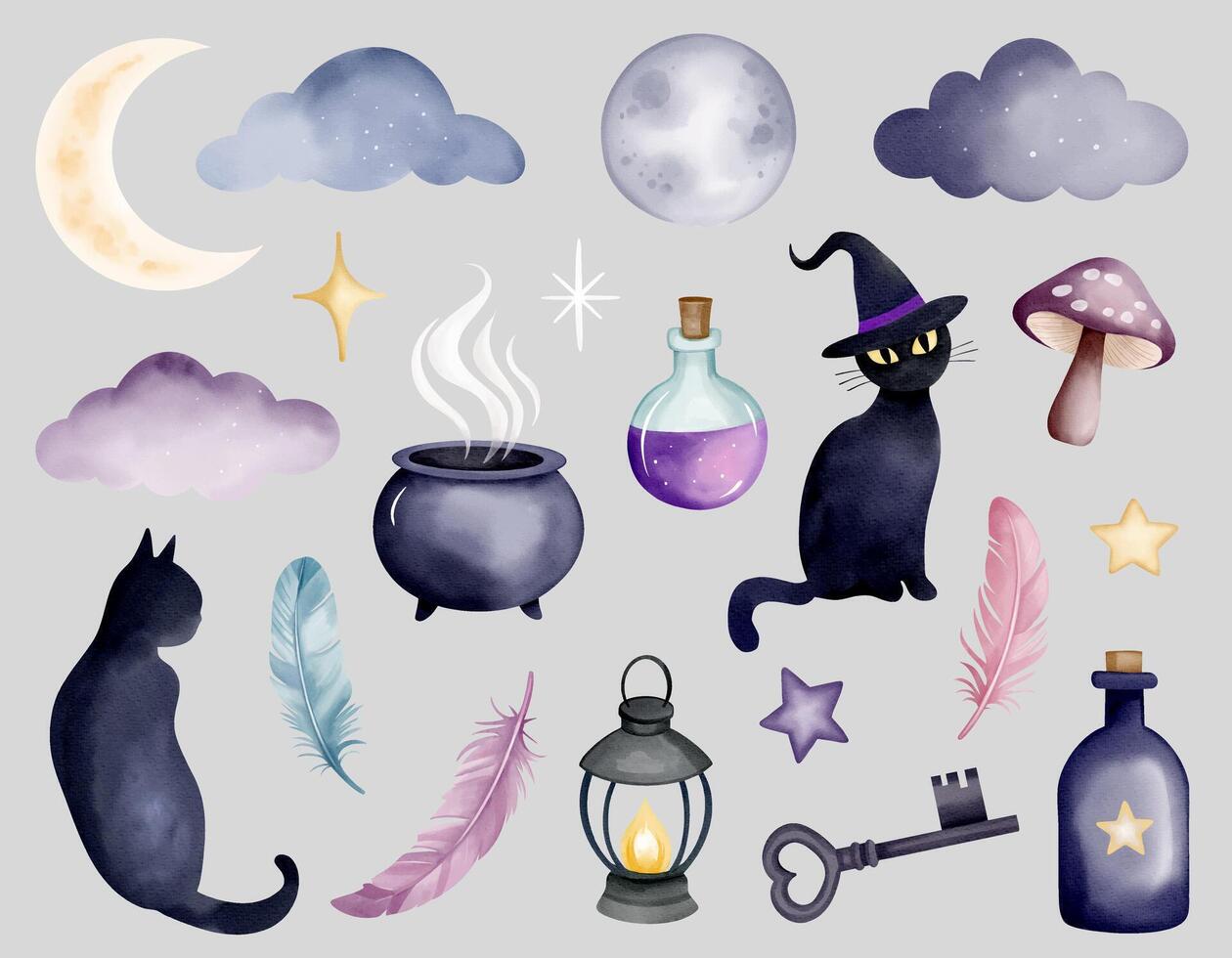 Halloween illustrations with cats and potions vector