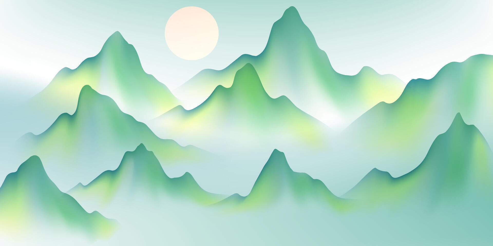 A green mountain landscape with a sun in the sky vector