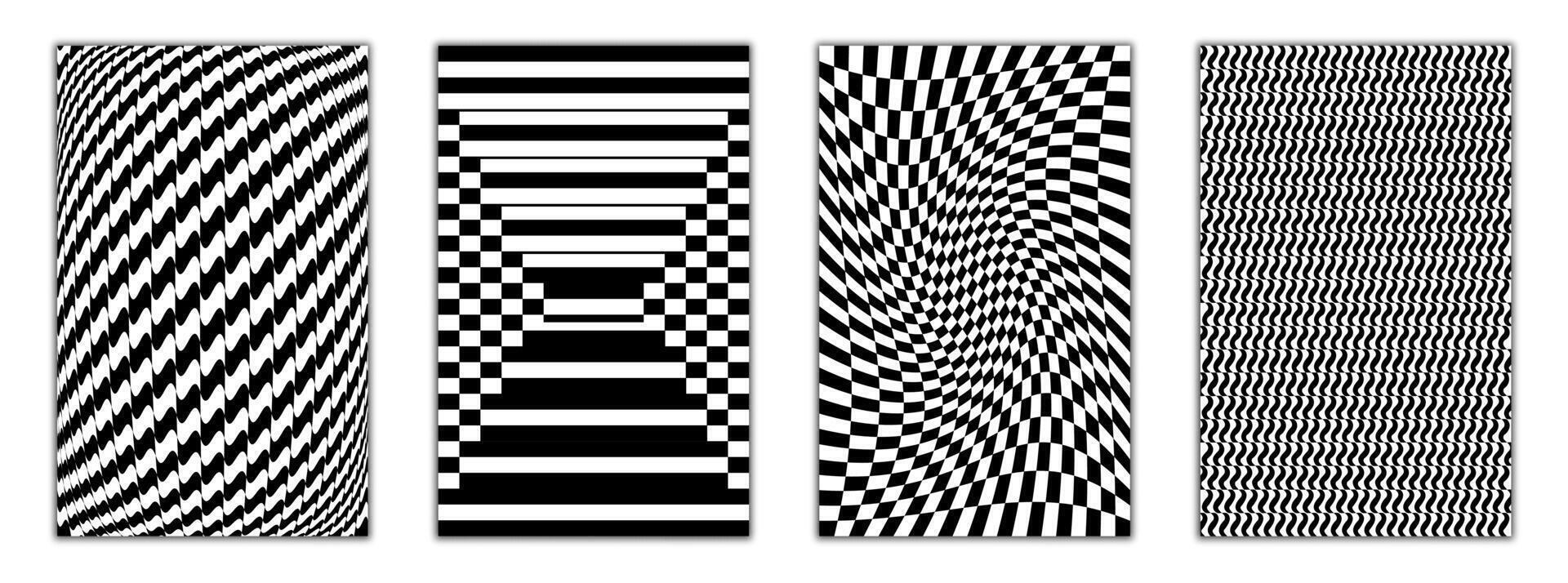 Set of mesmerizing Op Art patterns creating dynamic optical illusions. Featuring bold black and white stripes, waves, and checkerboard grids for futuristic and psychedelic designs, backgrounds, or art vector