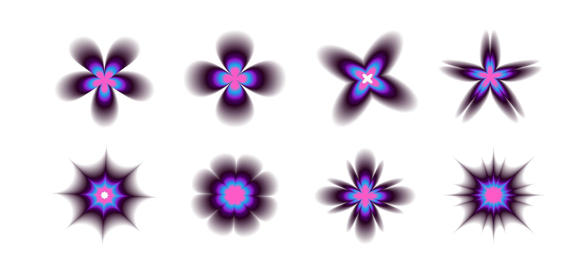Set of vibrant abstract flower shapes with holographic gradients. Modern, psychedelic, and futuristic floral elements perfect for digital art, contemporary designs, backgrounds, and creative projects. vector