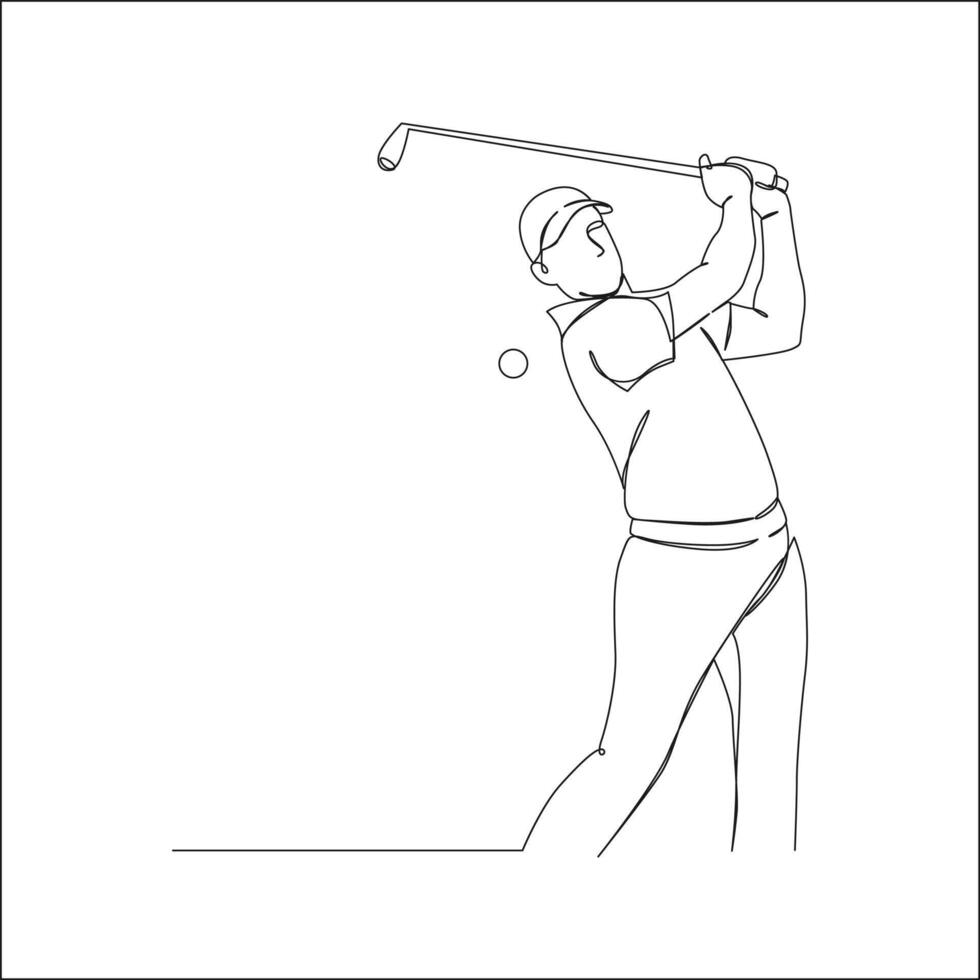 Continuous line drawing of a male golfer finishing his swing after hitting a golf ball, wearing a cap and shirt, in minimalist line art style on white background. vector