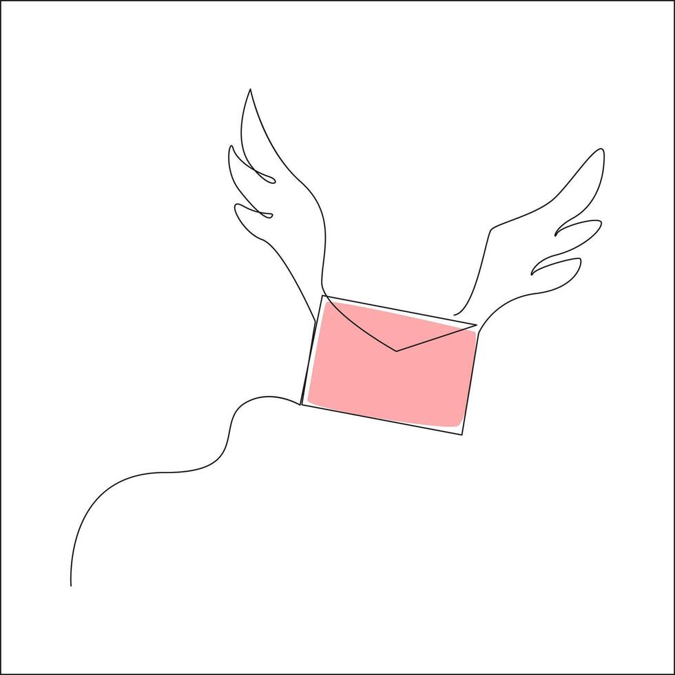 Minimalist illustration of a pink envelope with wings, symbolizing fast or heartfelt communication, drawn in a continuous line style on a white background. vector