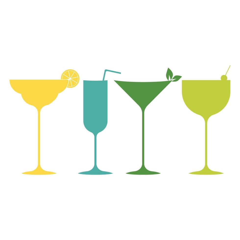 A collection of silhouettes of cocktail glasses, each of which is uniquely decorated on a white background. vector
