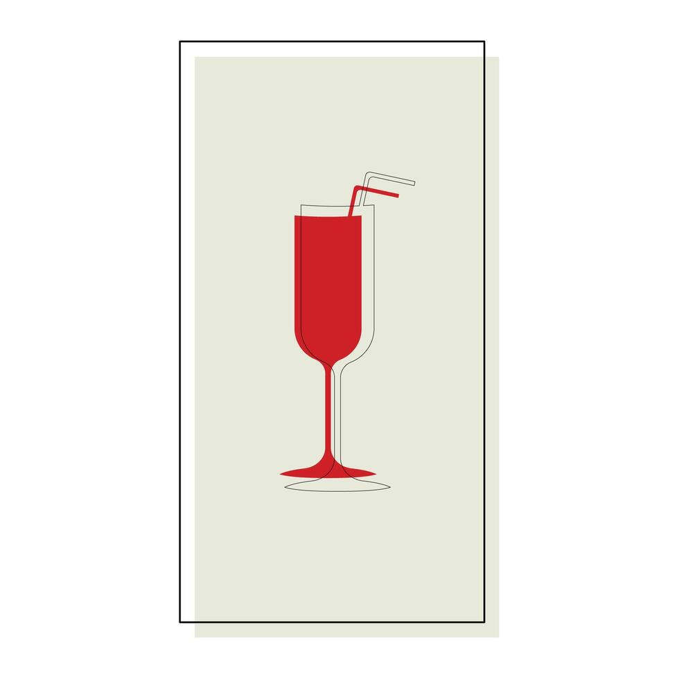 A red cocktail glass with a straw in a rectangular frame. vector