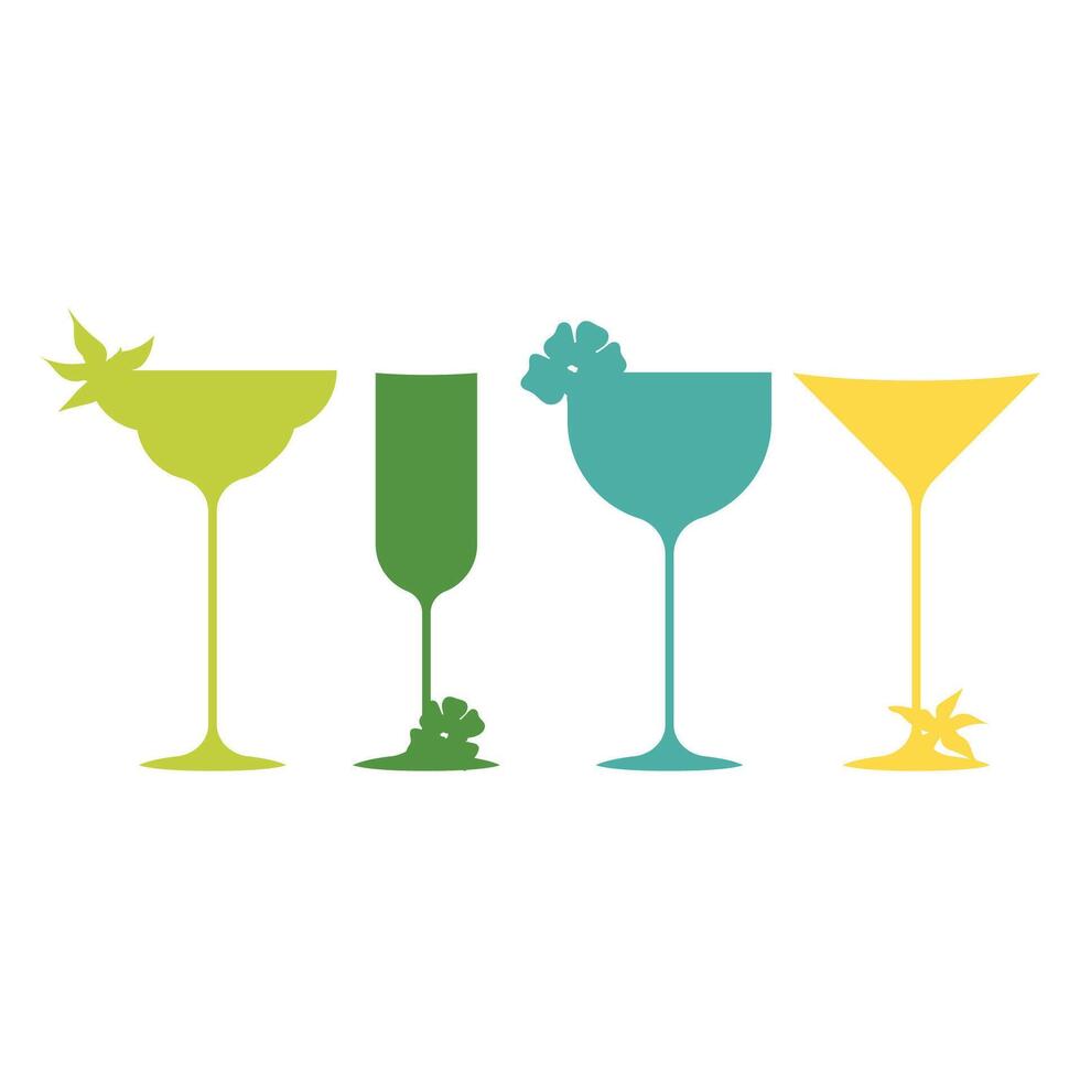 A collection of silhouettes of cocktail glasses, each of which is uniquely decorated with flowers on a white background. vector