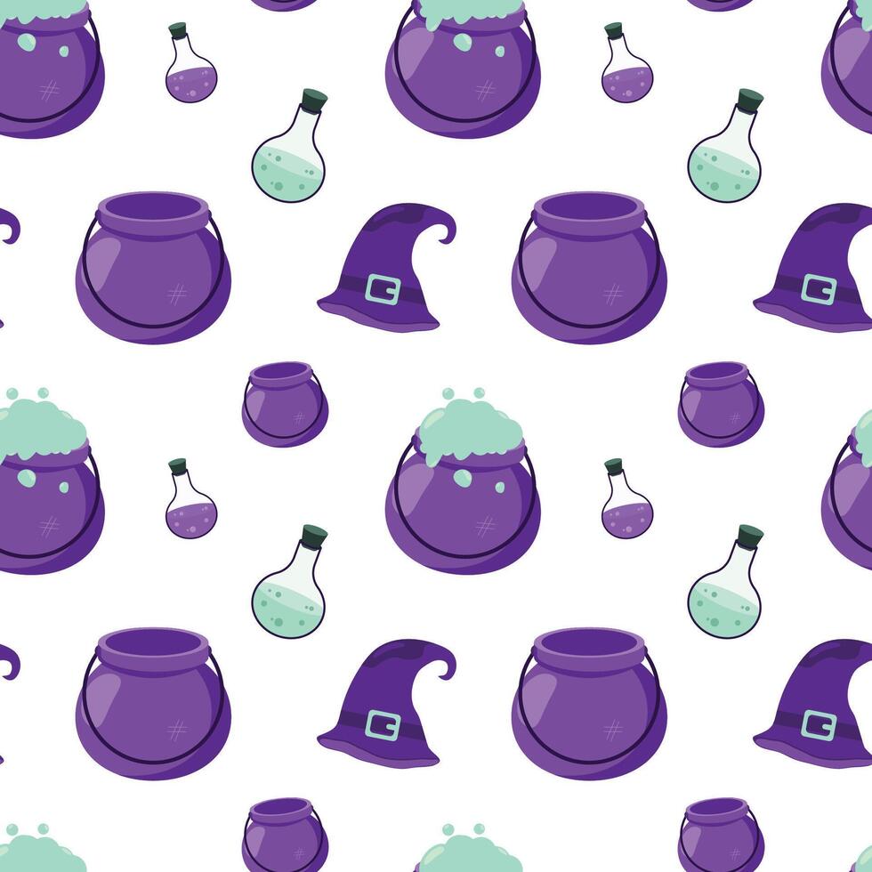 Purple potions and witch hats pattern vector