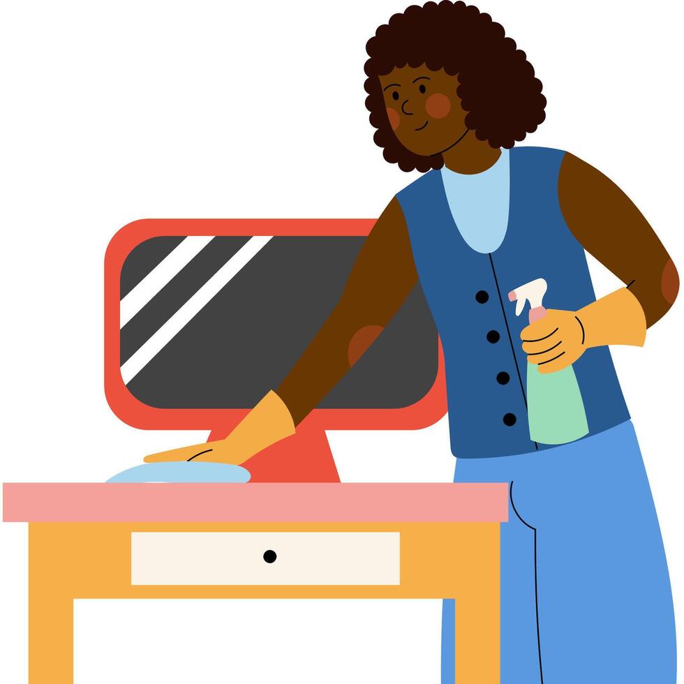 Woman cleaning a desk with a computer on it. Female character doing household chores in a cozy home workspace. Flat cartoon illustration for lifestyle or organization themes. vector