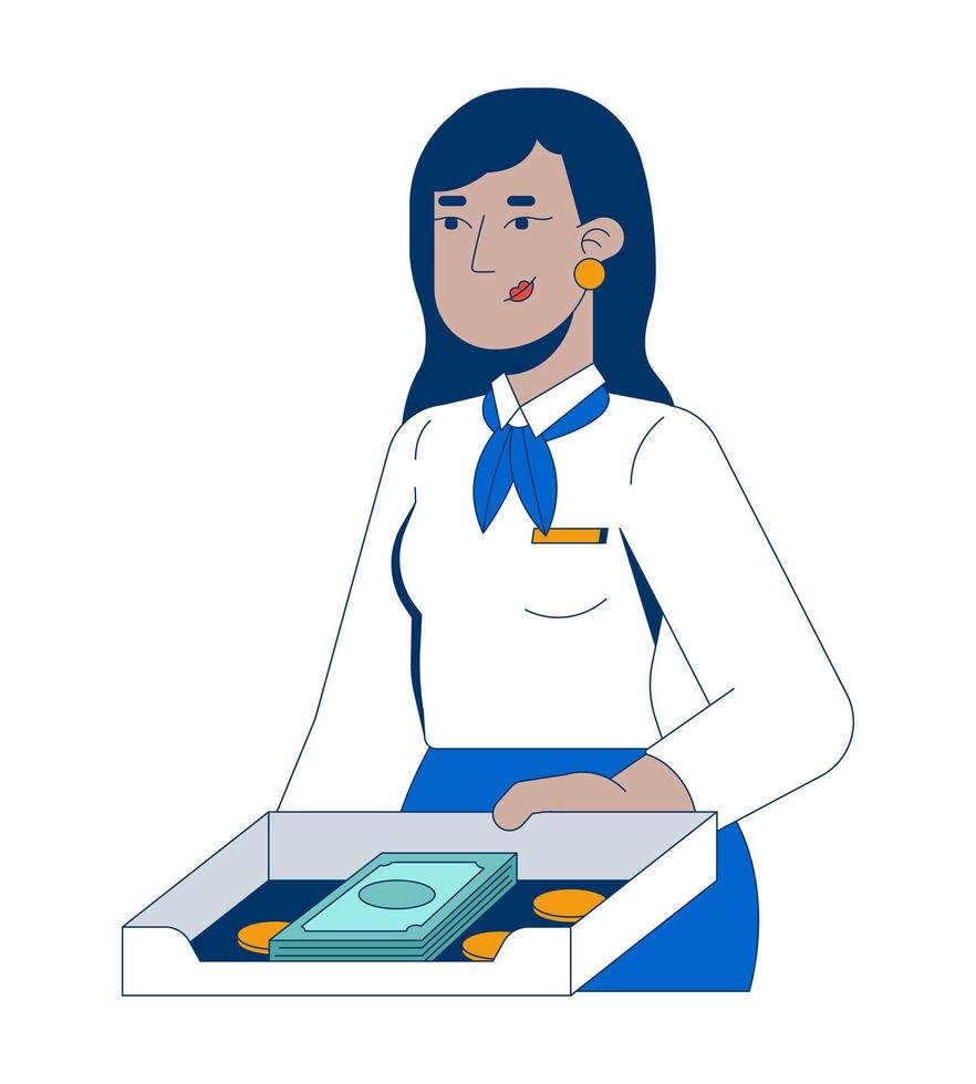 Smiling indian female bank teller holding cash tray 2D cartoon character. South asian woman bank officer handling paper bills and coins flat person isolated on white. Spot illustration colorful vector