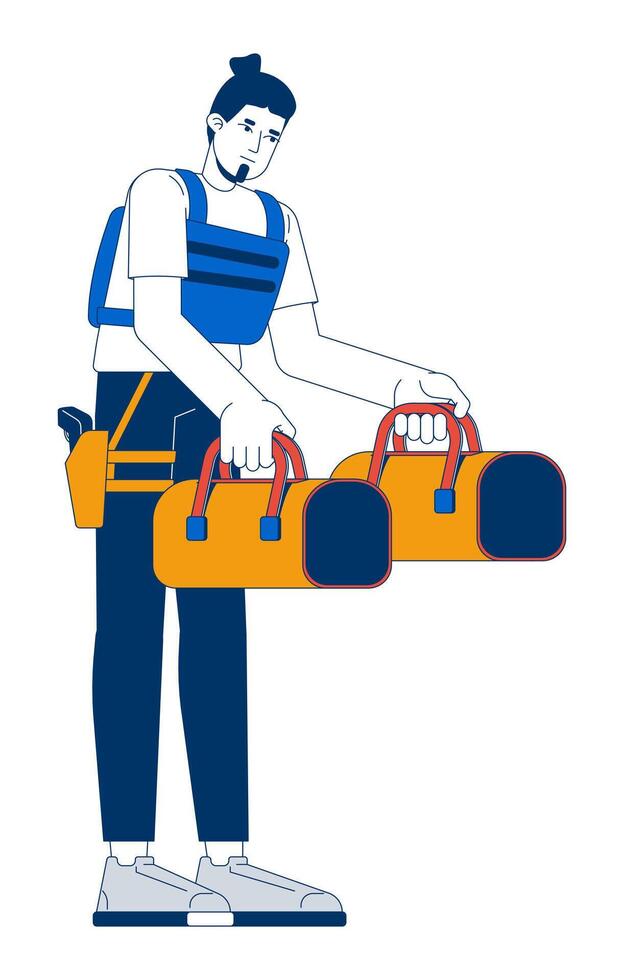 Bank guard carrying cash bags 2D cartoon character. European male armed policeman in security tactical vest holding duffel bags flat person isolated on white. Spot illustration colorful vector