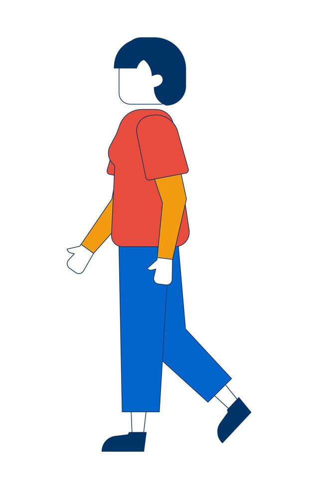 Side view faceless short haired woman walking in casual clothes 2D cartoon character. Everyday look asian female with bob haircut flat person isolated on white. Spot illustration colorful vector