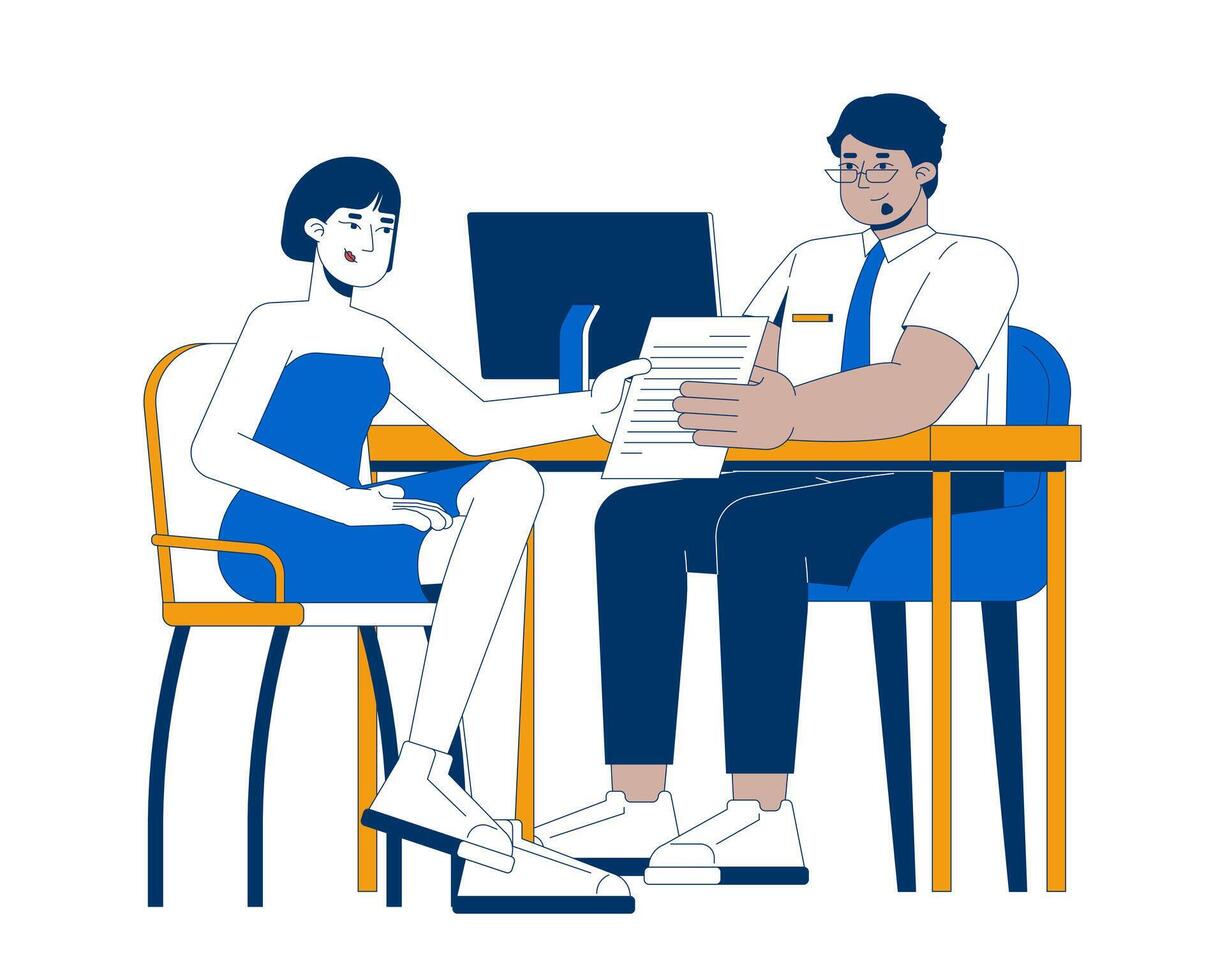 Asian female client consulting bank representative arab man 2D cartoon characters. Discussing document. Chinese woman meeting advisor flat people isolated on white. Spot illustration colorful vector