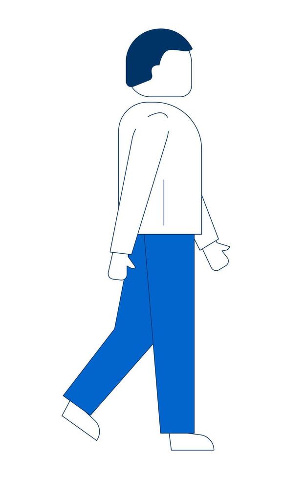 Faceless man walking side view 2D cartoon character. Caucasian male figure in casual wear. Modern everyday asian guy flat person isolated on white. Spot illustration colorful vector