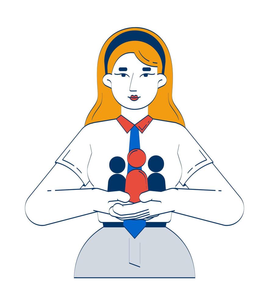Female leader caring about employees doodle illustration concept. HR empathy responsibility. Human resources manager staff retention cartoon 2D character isolated on white. Hand drawn metaphor vector