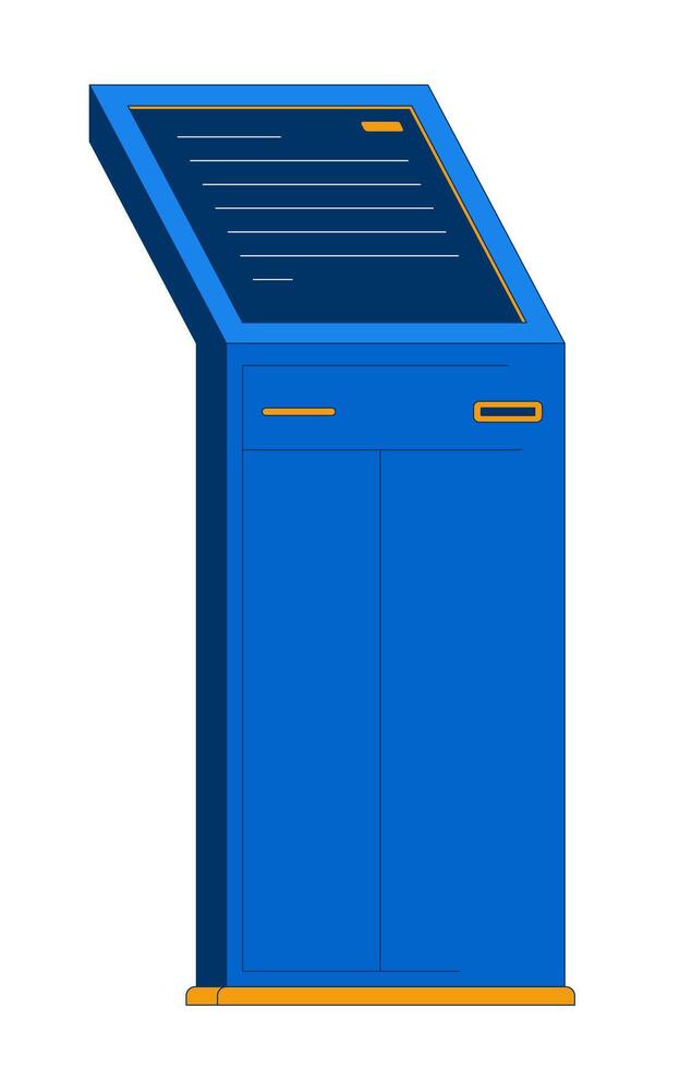 Interactive touchscreen self service kiosk terminal 2D cartoon object. Check-in touch screen display device. Bank technology isolated element flat clip art on white. Spot illustration vector