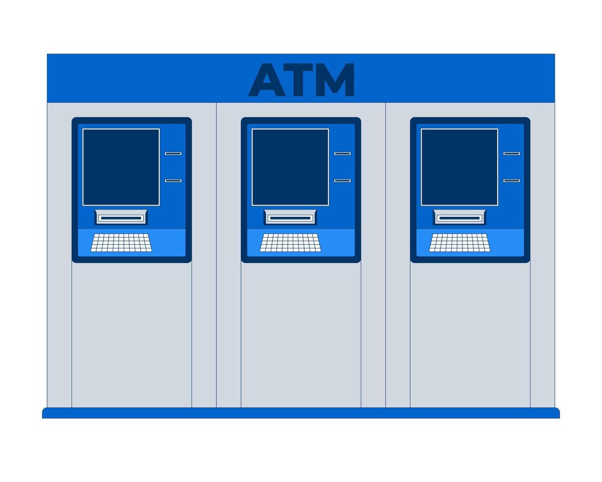 Row of three ATM machines for public banking 2D cartoon object. Automated teller devices withdrawal. Financial self service cashpoints isolated element flat clip art on white. Spot illustration vector