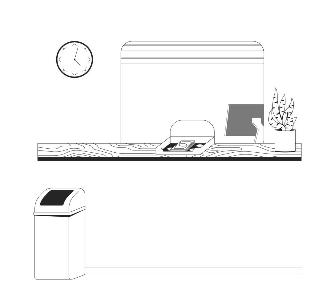 Empty bank counter with money tray outline illustration. Teller station. Cashier interior setup. Professional banking service desk 2D line scene isolated on white. Monochrome ink linear image vector