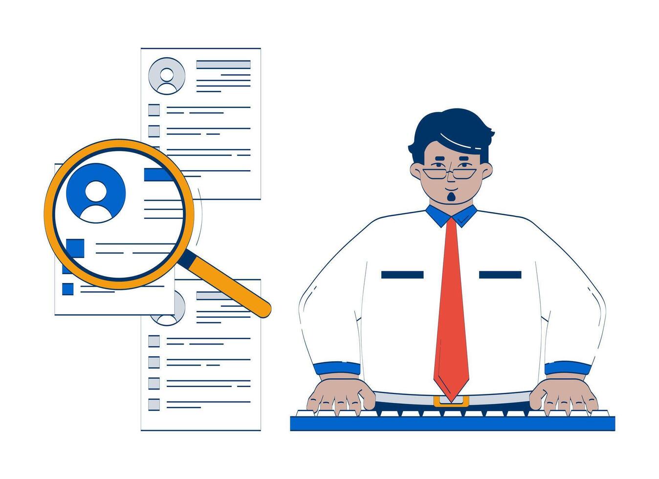 HR manager screening resumes with magnifying glass doodle illustration concept. Candidate search. Employee select loupe recruiter cartoon 2D character isolated on white. Hand drawn metaphor vector