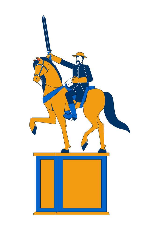 Horseback heroic soldier monument 2D cartoon character. Battle hero. Roosevelt historical equestrian statue with sword raised flat faceless person isolated on white. Spot illustration colorful vector