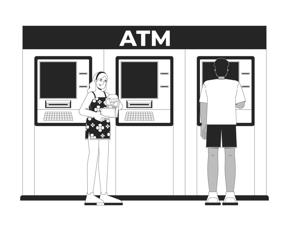 Diverse people using ATM machines for banking transactions outline illustration. Woman with wallet, black man withdrawing money 2D line characters isolated on white. Monochrome ink linear image vector