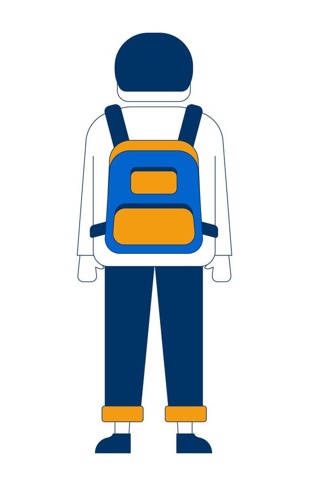 Back view boy standing with backpack 2D cartoon character. Student with school bag. Young man traveler in everyday look flat faceless person isolated on white. Spot illustration colorful vector