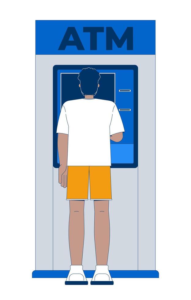 Back view black man using ATM device 2D cartoon character. African american guy cash withdrawal from automated teller machine flat person isolated on white. Spot illustration colorful vector