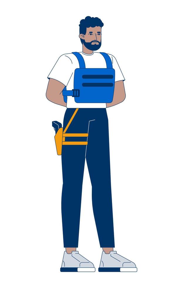 Serious black male security guard in bulletproof vest and carrying sidearm 2D cartoon character. Vigilant african american bank officer flat person isolated on white. Spot illustration colorful vector
