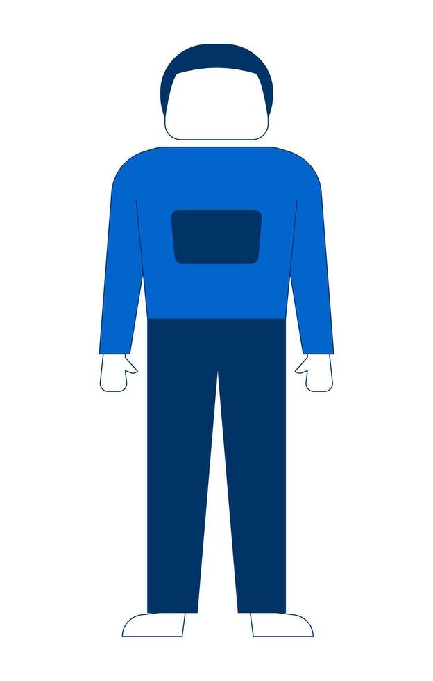 Standing faceless man in blue casual outfit 2D cartoon character. Minimalist guy in basic pose. Adult male everyday look flat person isolated on white. Spot illustration colorful vector