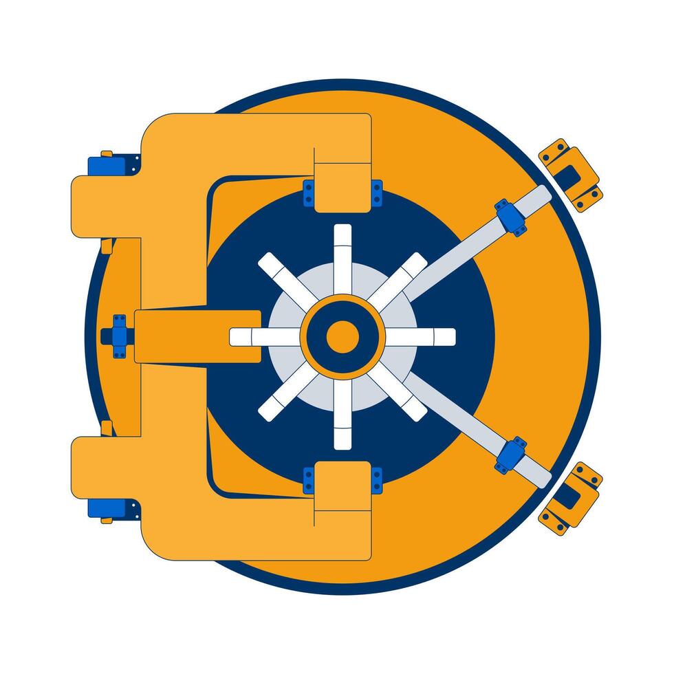 Circular bank vault wheel 2D cartoon object. Armored lock safe steel door with locking mechanisms. Secure banking protection isolated element flat clip art on white. Spot illustration vector