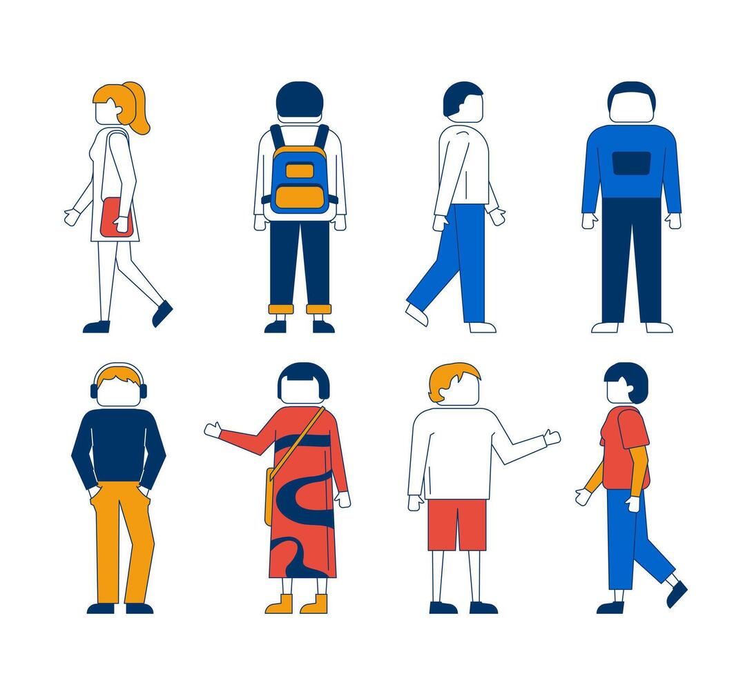 Diverse modern faceless people in various poses and outfits 2D cartoon characters set. Everyday life. Casual fashion men women flat people isolated on white. Spot illustrations collection vector