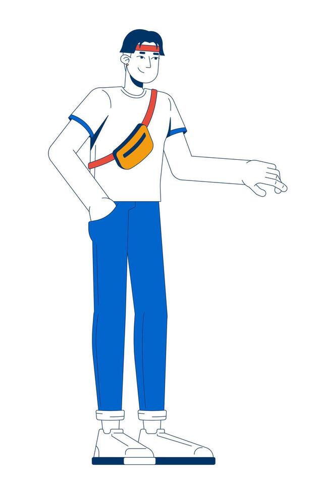 Casual young asian man with crossbody sling bag 2D cartoon character. Cool style. Relaxed chinese guy standing with one hand extended flat person isolated on white. Spot illustration colorful vector