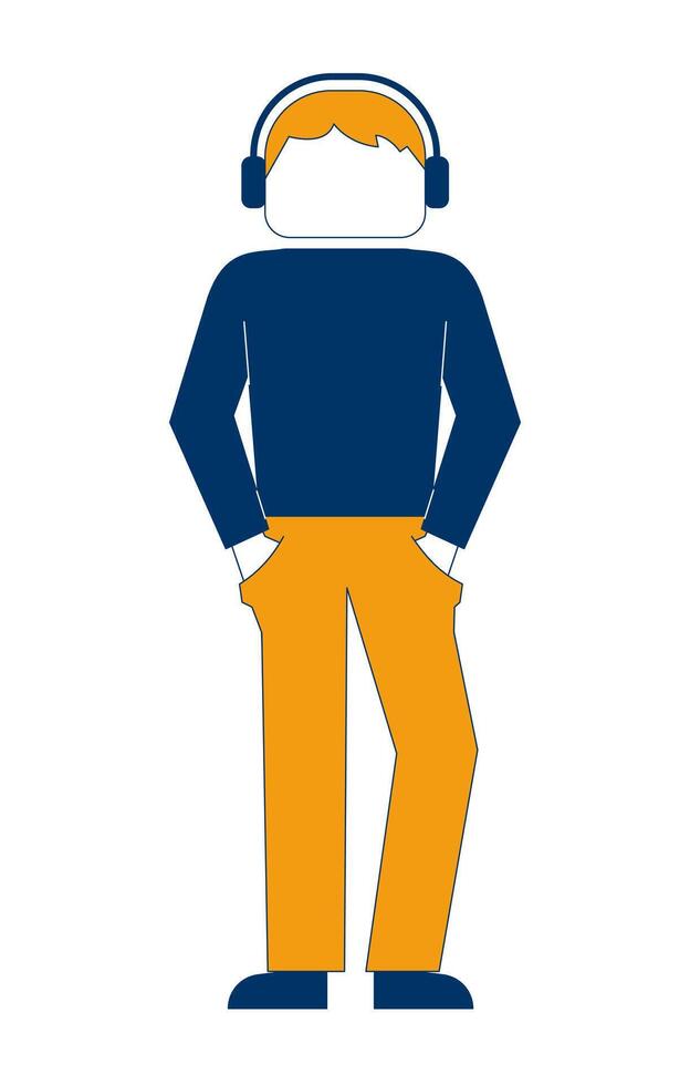 Faceless man with headphones and hands in pockets 2D cartoon character. Teenager gen z. Young guy standing, listening to music flat person isolated on white. Spot illustration colorful vector