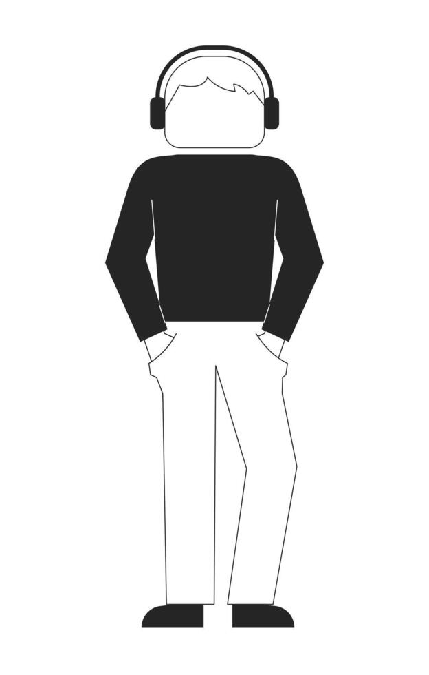 Faceless man with headphones and hands in pockets 2D line character. Teenager gen z. Young guy standing, listening to music isolated ink outline person. Monochromatic spot illustration vector