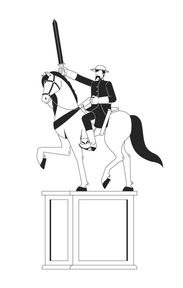 Horseback heroic soldier monument 2D line character. Battle hero. Roosevelt historical equestrian statue with sword raised isolated ink outline person faceless. Monochromatic spot illustration vector