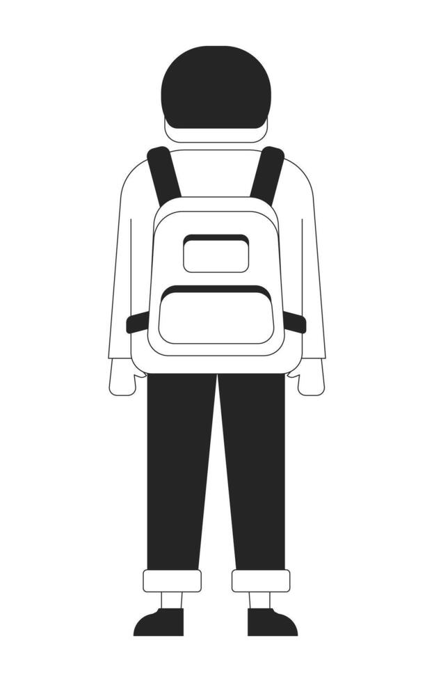 Back view boy standing with backpack 2D line character. Student with school bag. Young man traveler in everyday look isolated ink outline person faceless. Monochromatic spot illustration vector
