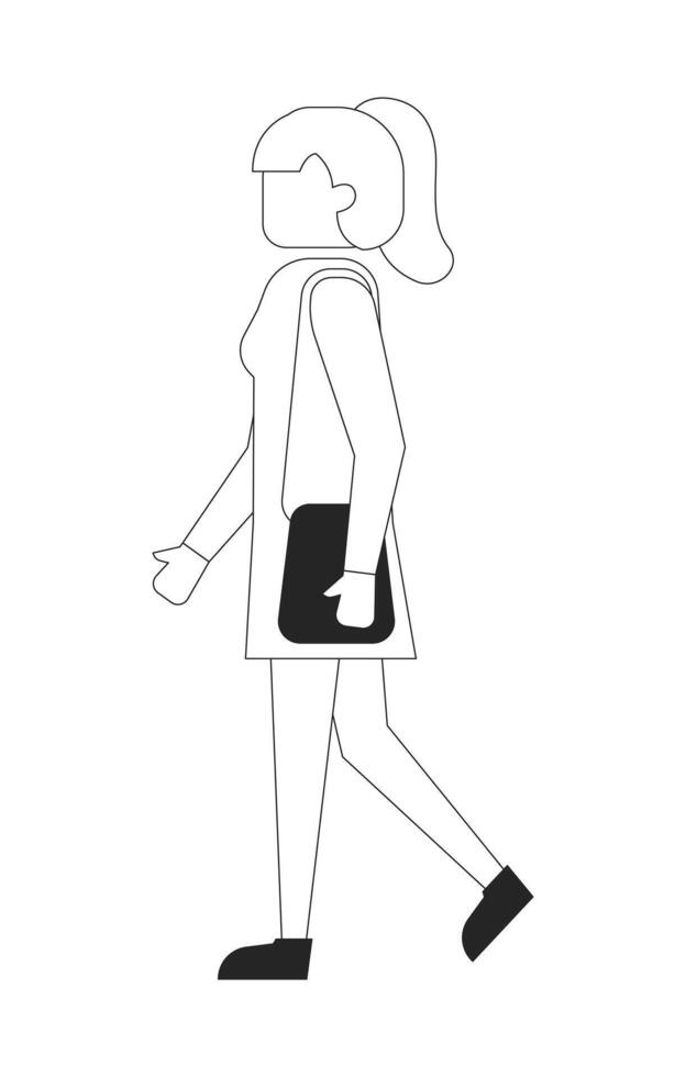 Blonde ponytail woman walking with purse 2D line character. Side view modern lady wearing dress and carrying handbag isolated ink outline person faceless. Monochromatic spot illustration vector