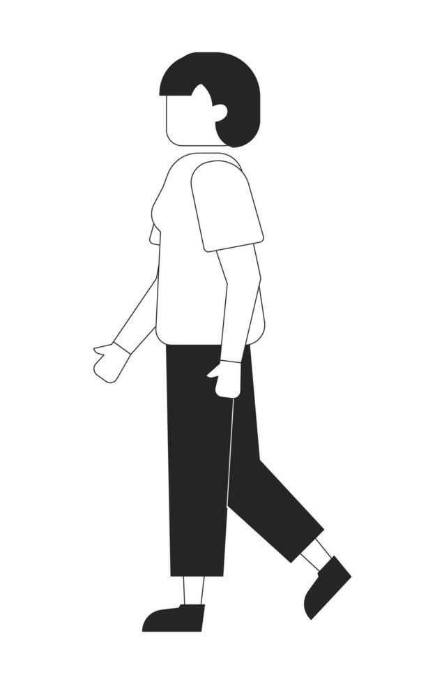 Side view faceless short haired woman walking in casual clothes 2D line character. Everyday look asian female with bob haircut isolated ink outline person. Monochromatic spot illustration vector