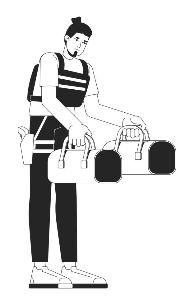 Bank guard carrying cash bags 2D line character. European male armed policeman in security tactical vest holding duffel bags isolated ink outline person. Monochromatic spot illustration vector
