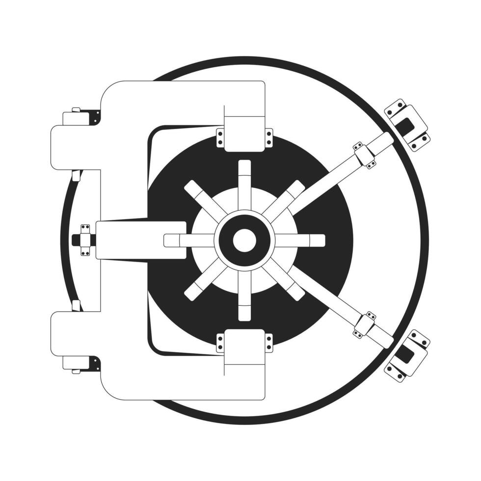 Circular bank vault wheel 2D line object. Armored lock safe steel door with locking mechanisms. Secure banking protection isolated clipart ink outline item. Monochrome spot illustration vector