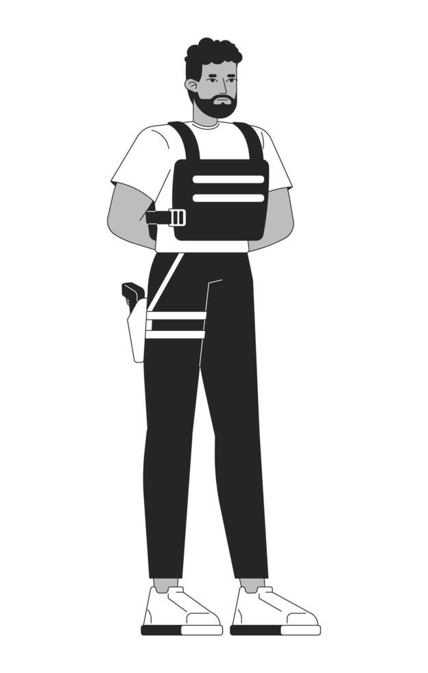 Serious black male security guard in bulletproof vest and carrying sidearm 2D line character. Vigilant african american bank officer isolated ink outline person. Monochromatic spot illustration vector