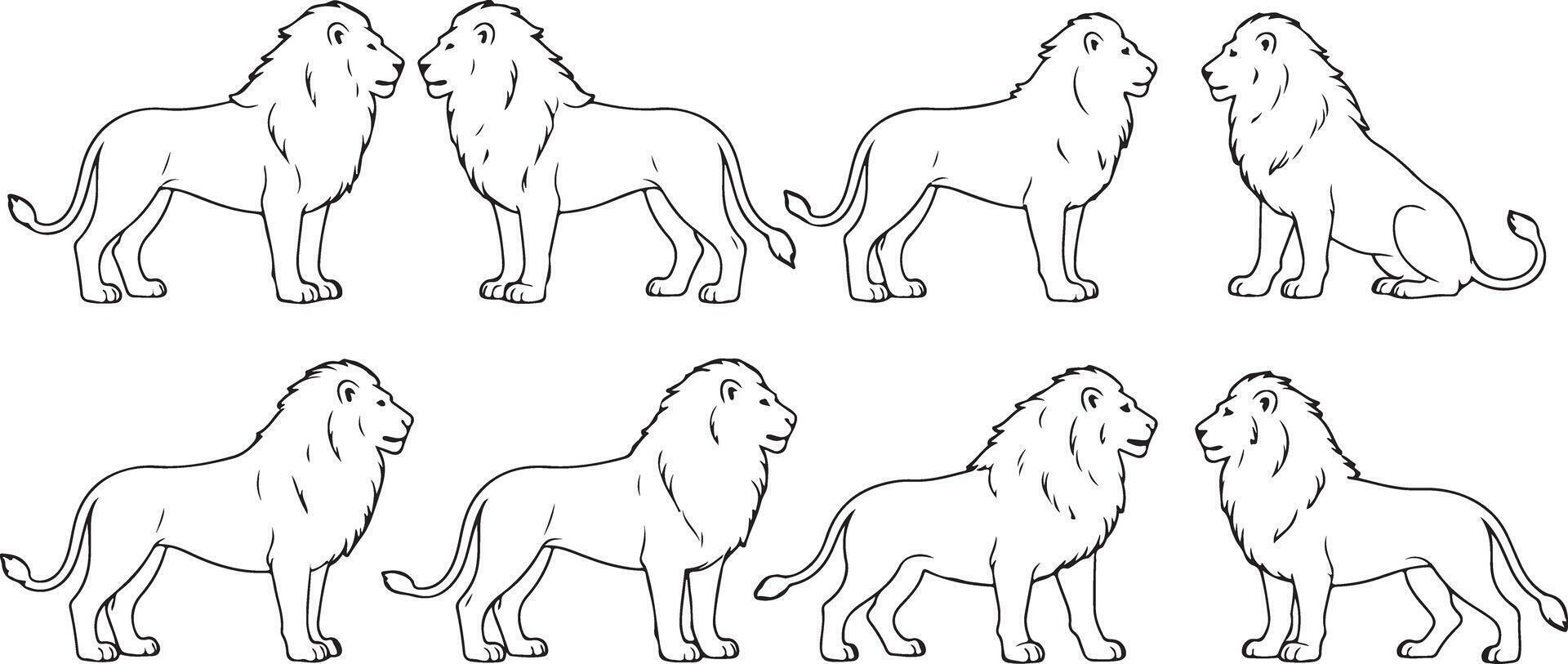 Eight Black and White Traced Line Drawings of Lions in Various Poses Standing and Sitting Profile and Facing Each Other vector