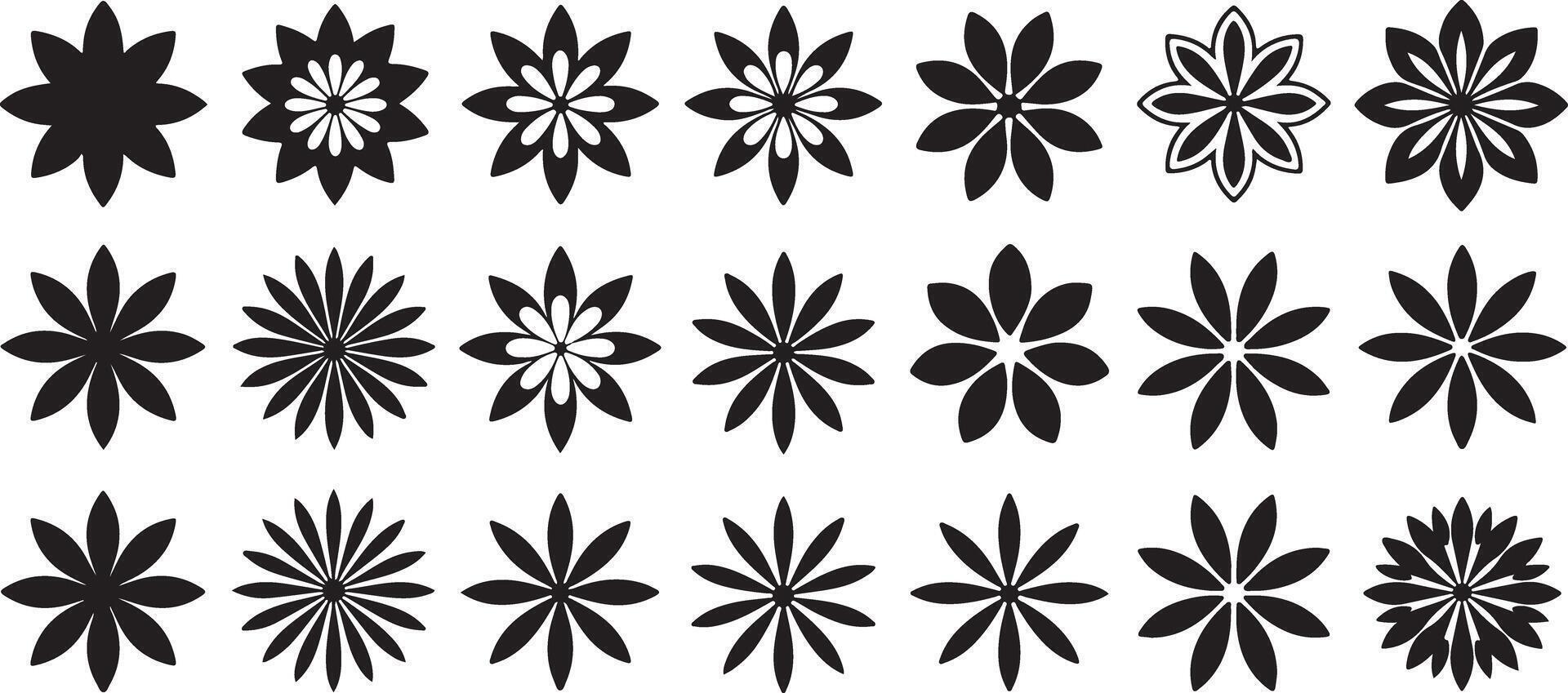 Black and White Traced Floral Designs Collection Twenty Four Simple Flower Shapes Graphic Elements Set Monochrome Botanical Illustrations vector