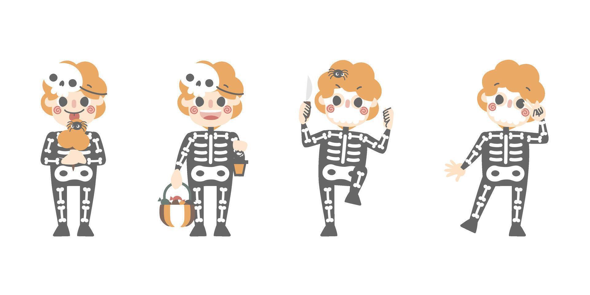 happy halloween holiday festival with character set of boys wearing skeleton costume vector