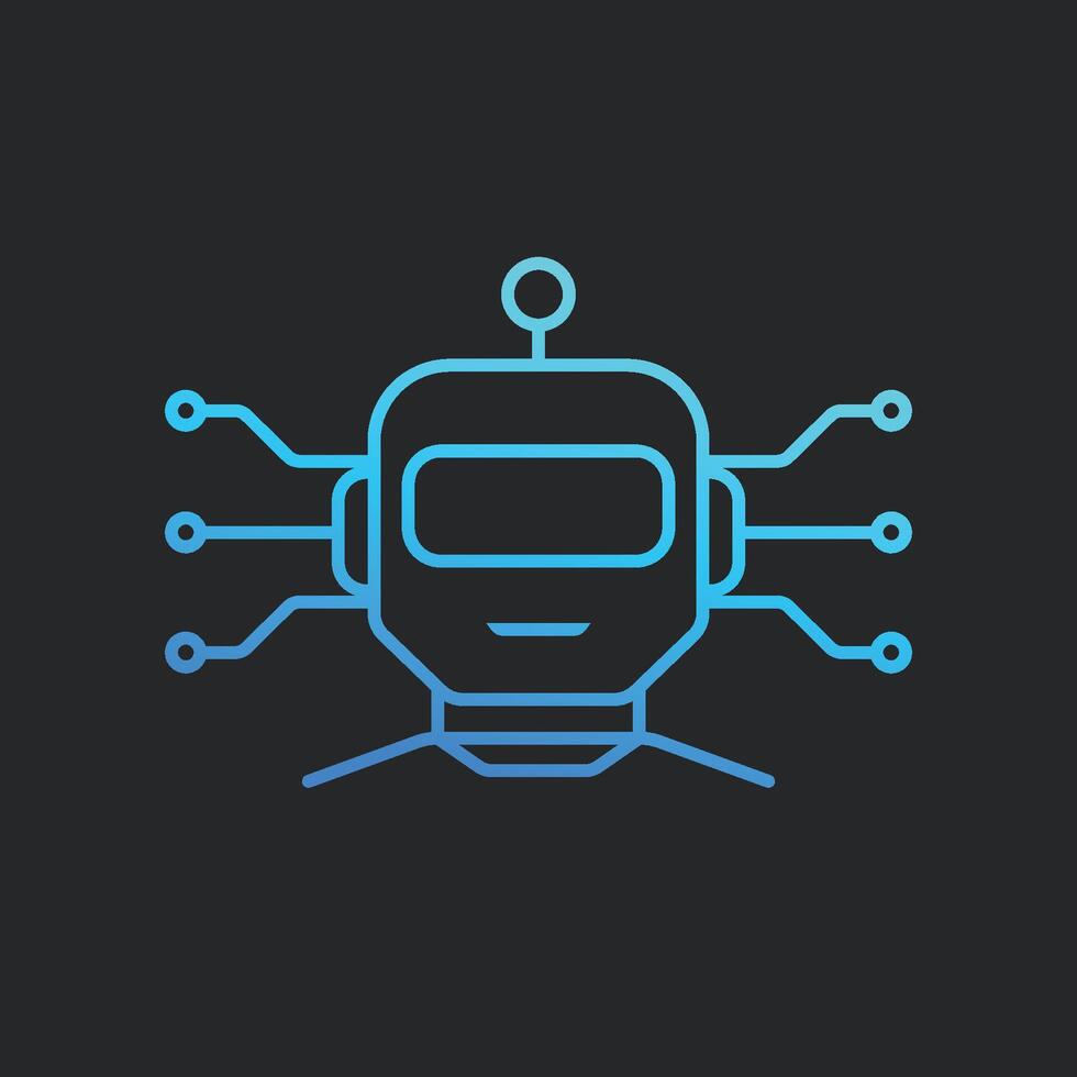Minimalist line icon of artificial intelligence robot head with circuit lines, representing modern AI technology, innovation, automation, and digital transformation on dark background. vector