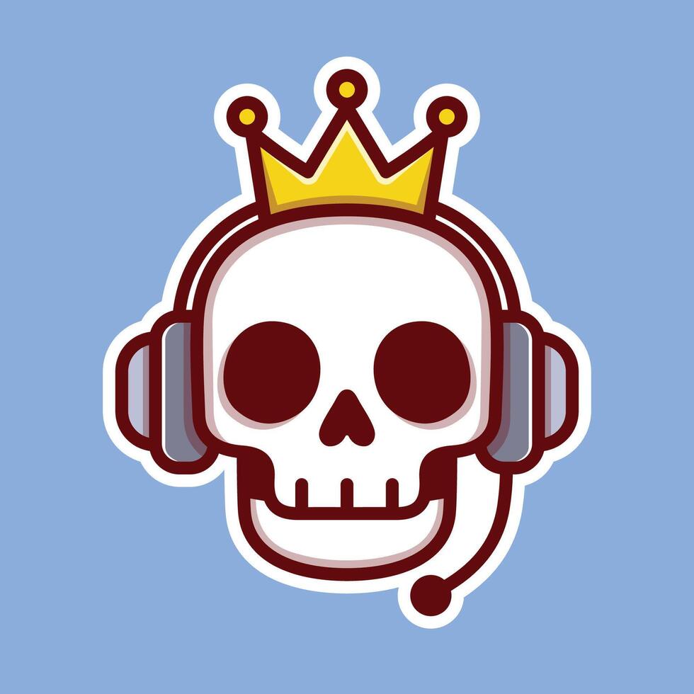 illustration of a cartoon skull wearing headphones and a crown. Fun, bold, and perfect for gaming, streaming, or edgy digital stickers and logos. vector