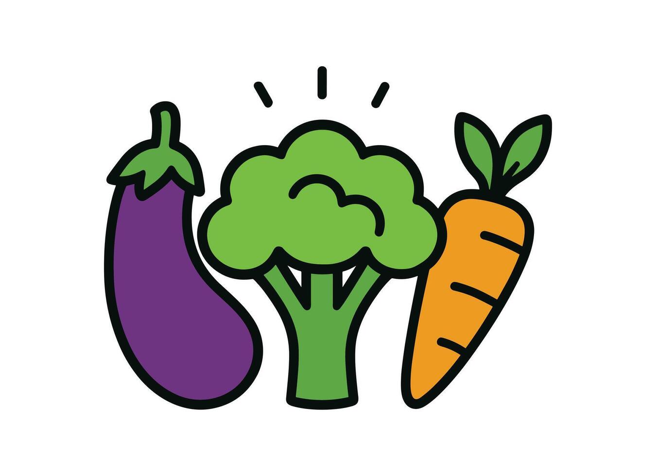 Healthy Food Logo Cartoon Broccoli, Carrot and Eggplant for Organic, Vegan or Farm Brand Identity vector