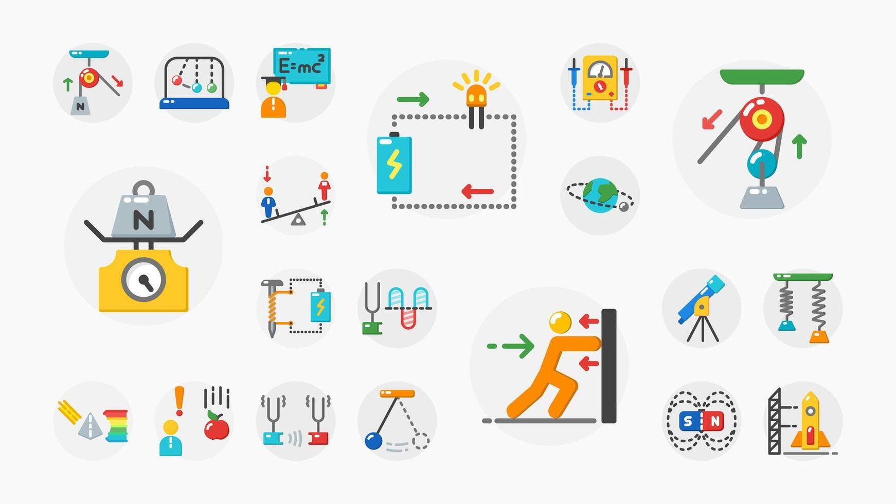 Bright flat-style icons featuring physics concepts, motion, energy, force, electricity, experiment tools, and educational science visuals. vector